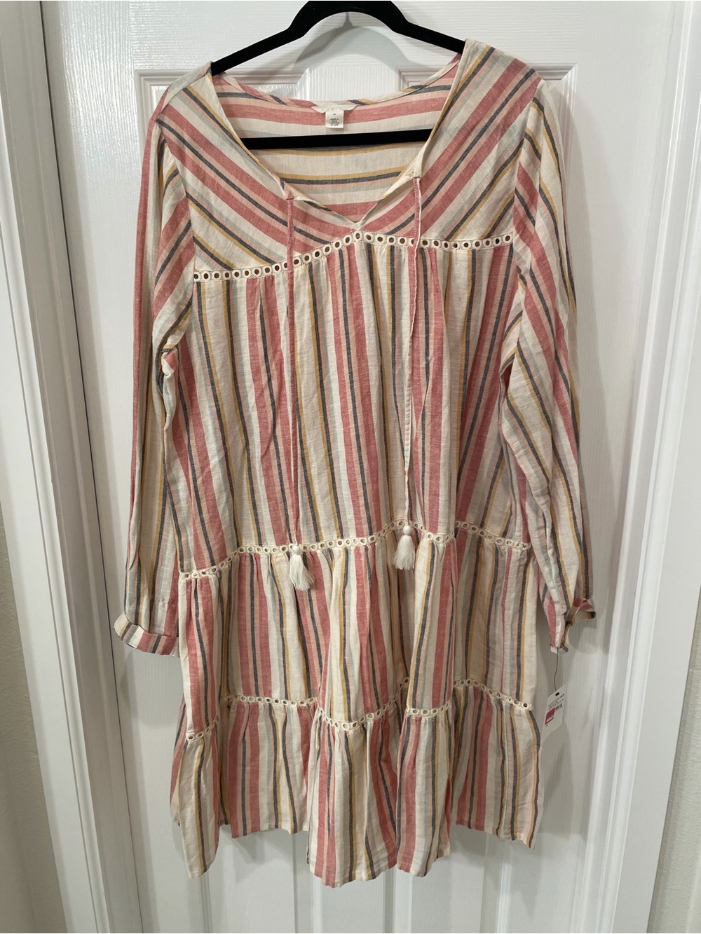 Caslon Striped Long Sleeve Tiered Multicolored Dress  linen/cotton blend